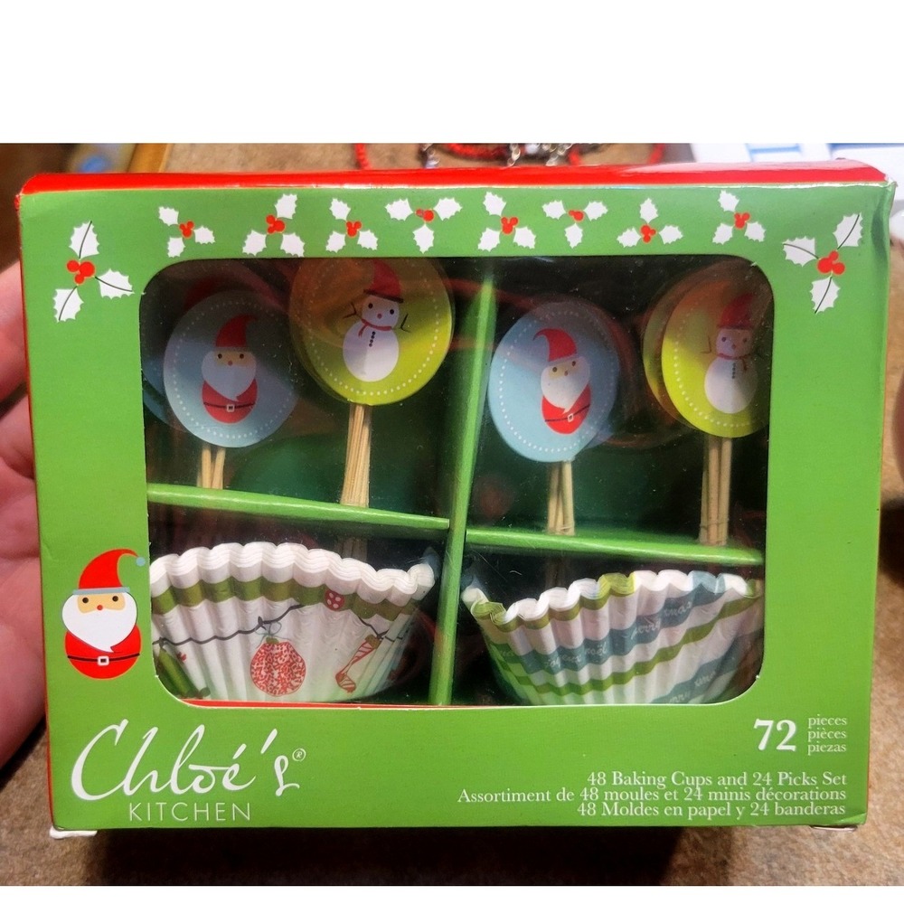 Chloe's Kitchen Christmas Cupcake Set 72pc 48 Baking Cups 24 Picks Santa Snowman